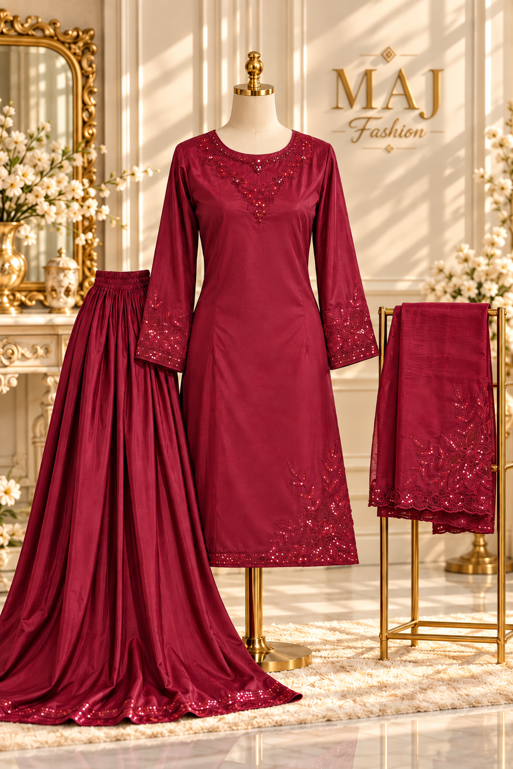 Royal Green Luxury Embroidered Super Katan 3-Piece
