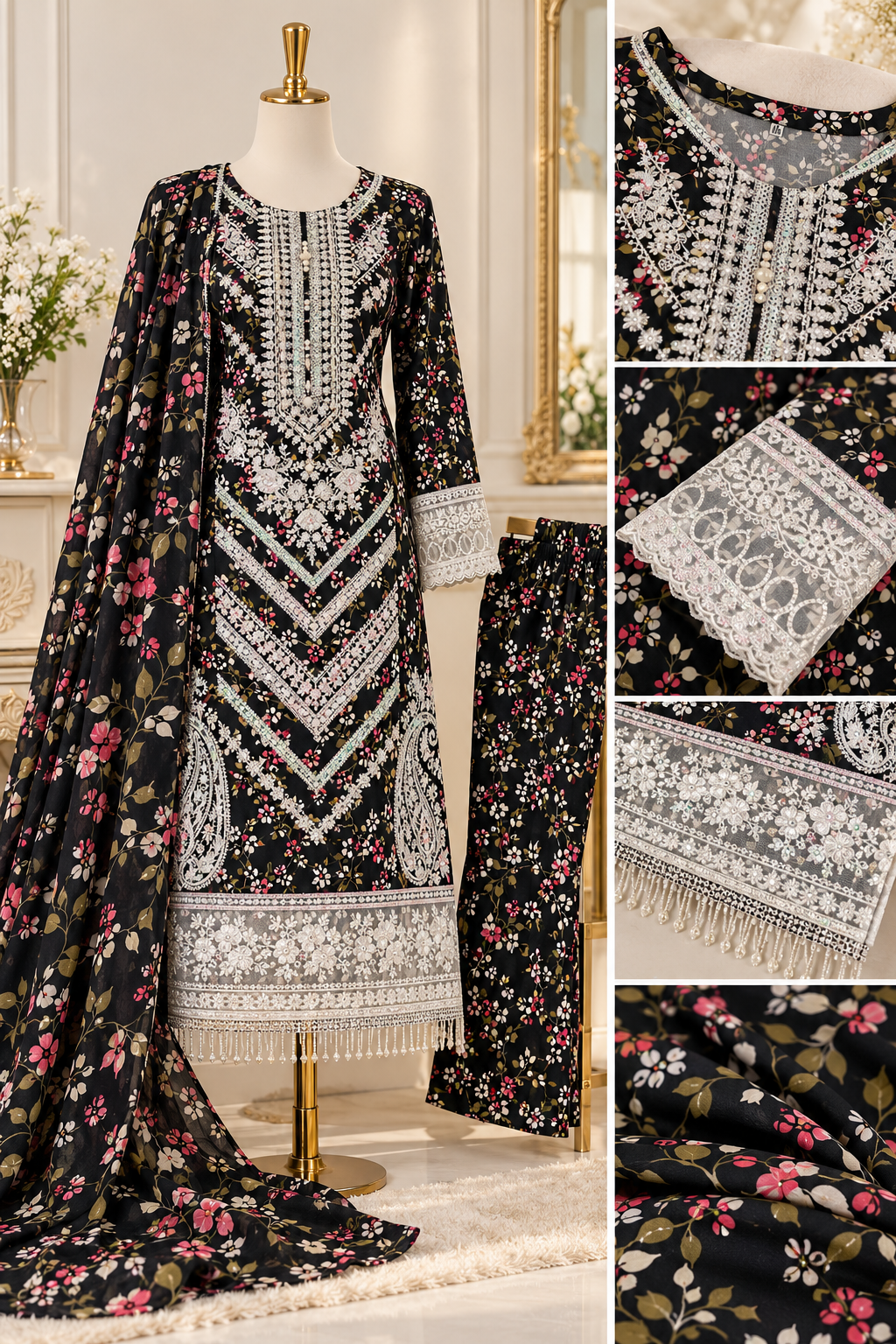 Royal Plum Floral Embroidered 3-Piece Card Dry Suit