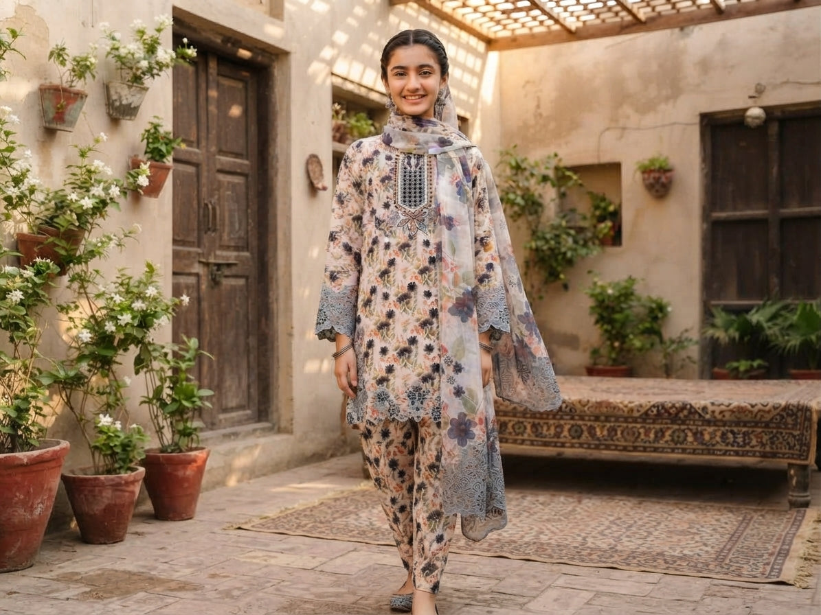 Luxury Floral Embroidered 3-Piece Suit with Printed Dupatta