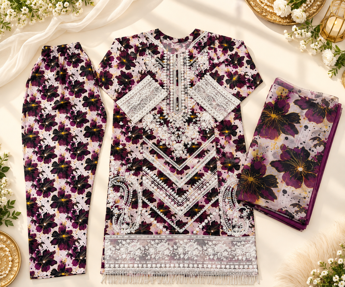 Midnight Bloom | Premium Embroidered 3-Piece Card Dry Suit