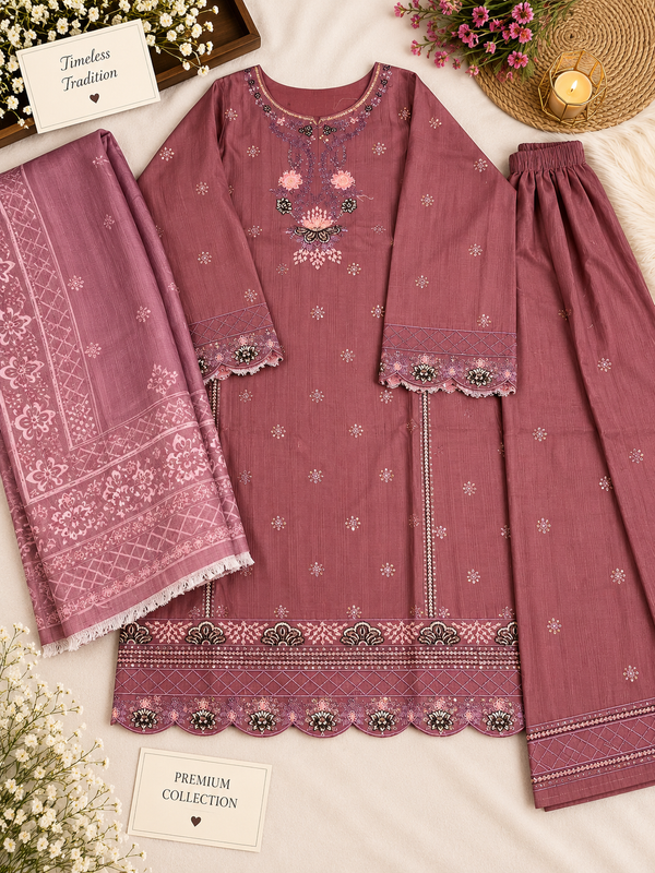 Premium – Embroidered Doria Cotton 3-Piece Suit ✨