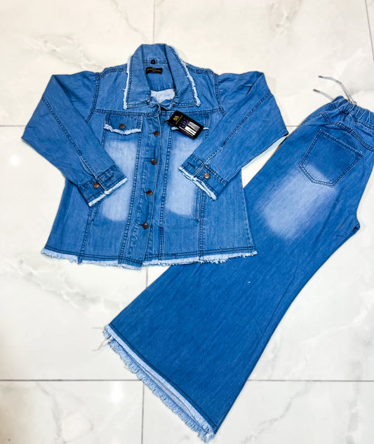 Classic Blue Frayed Hem Denim Jacket & Wide-Leg Trouser Set