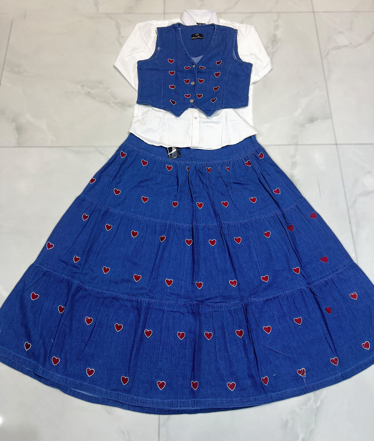 Embroidered Heart Denim Vest & Tiered Skirt Set with White Shirt