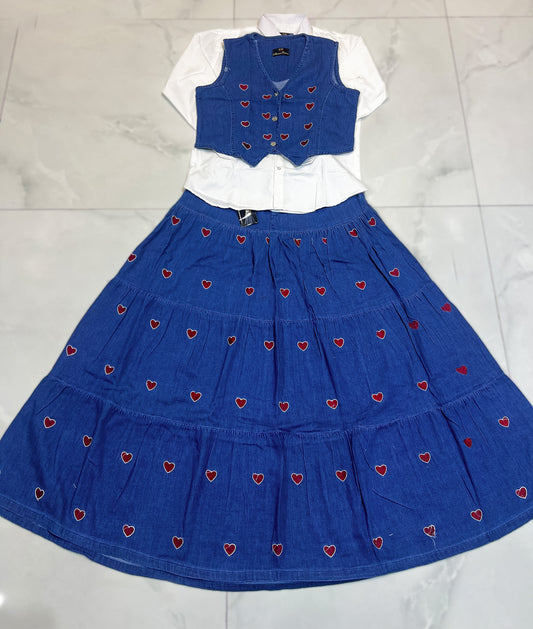 Embroidered Heart Denim Vest & Tiered Skirt Set with White Shirt