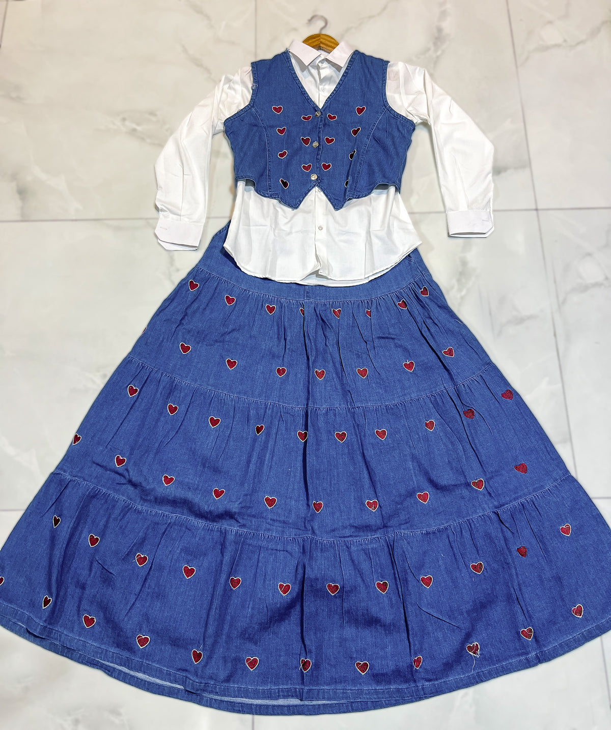 Embroidered Heart Denim Vest & Tiered Skirt Set with White Shirt