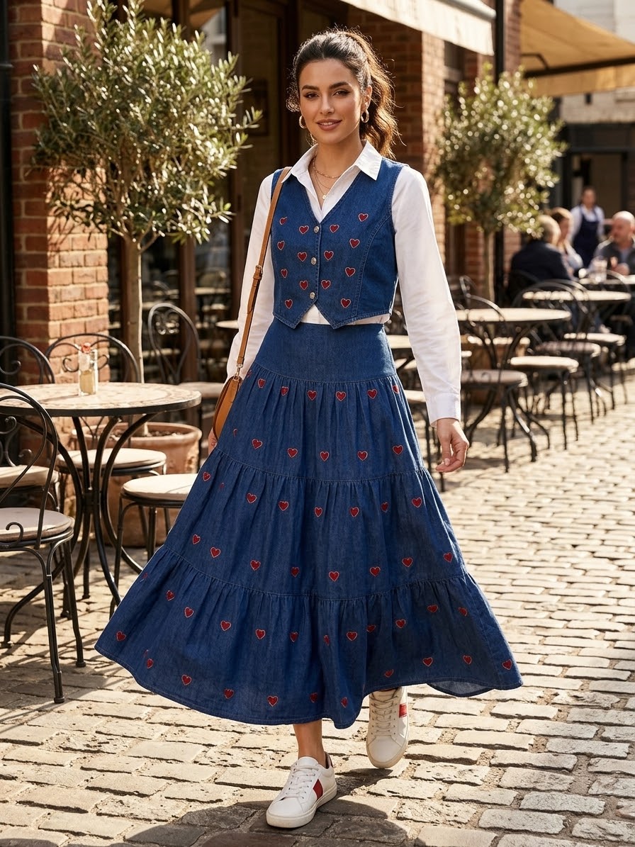 Embroidered Heart Denim Vest & Tiered Skirt Set with White Shirt