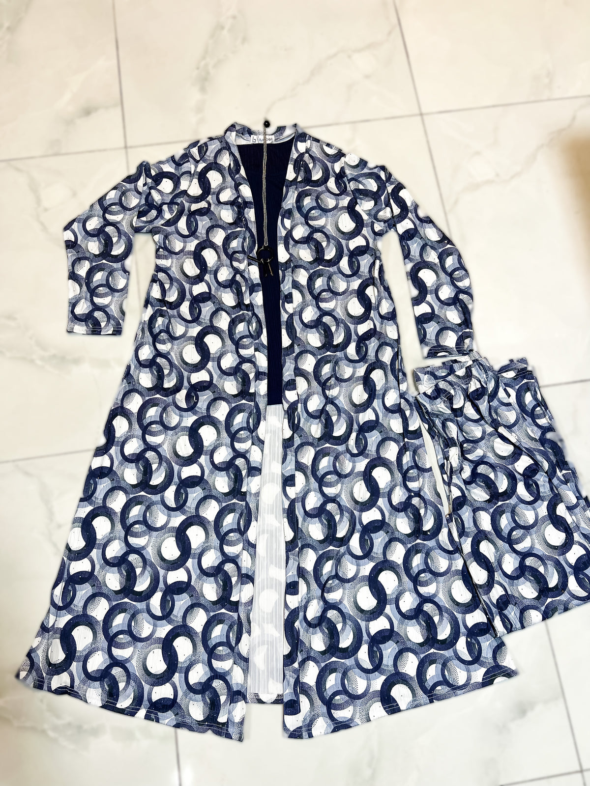 Modern Blue & White Patterned Long Jacket Style Kurta Set