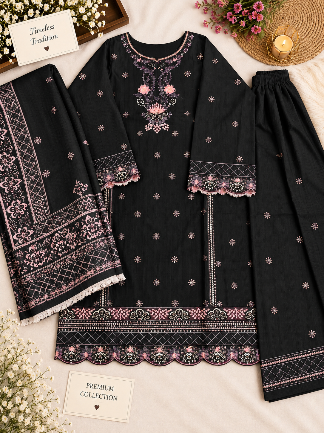 Premium – Embroidered Doria Cotton 3-Piece Suit ✨