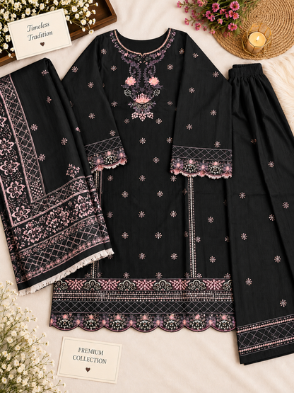 Premium – Embroidered Doria Cotton 3-Piece Suit ✨