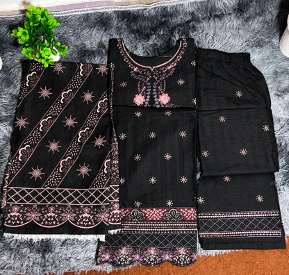 Premium – Embroidered Doria Cotton 3-Piece Suit ✨