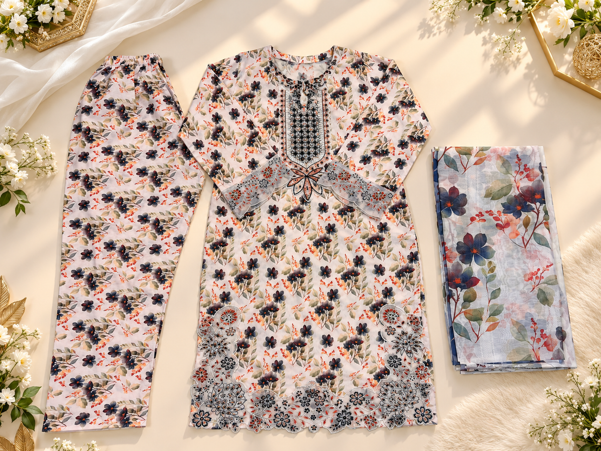 Luxury Floral Embroidered 3-Piece Suit with Printed Dupatta