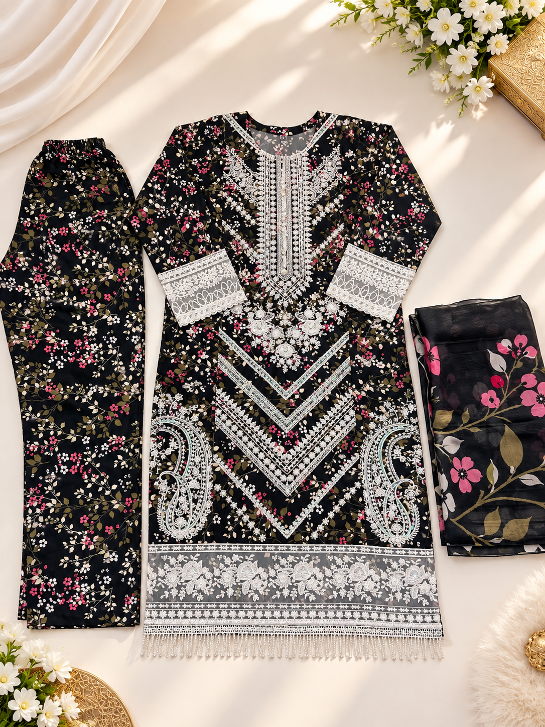 Midnight Bloom | Premium Embroidered 3-Piece Card Dry Suit