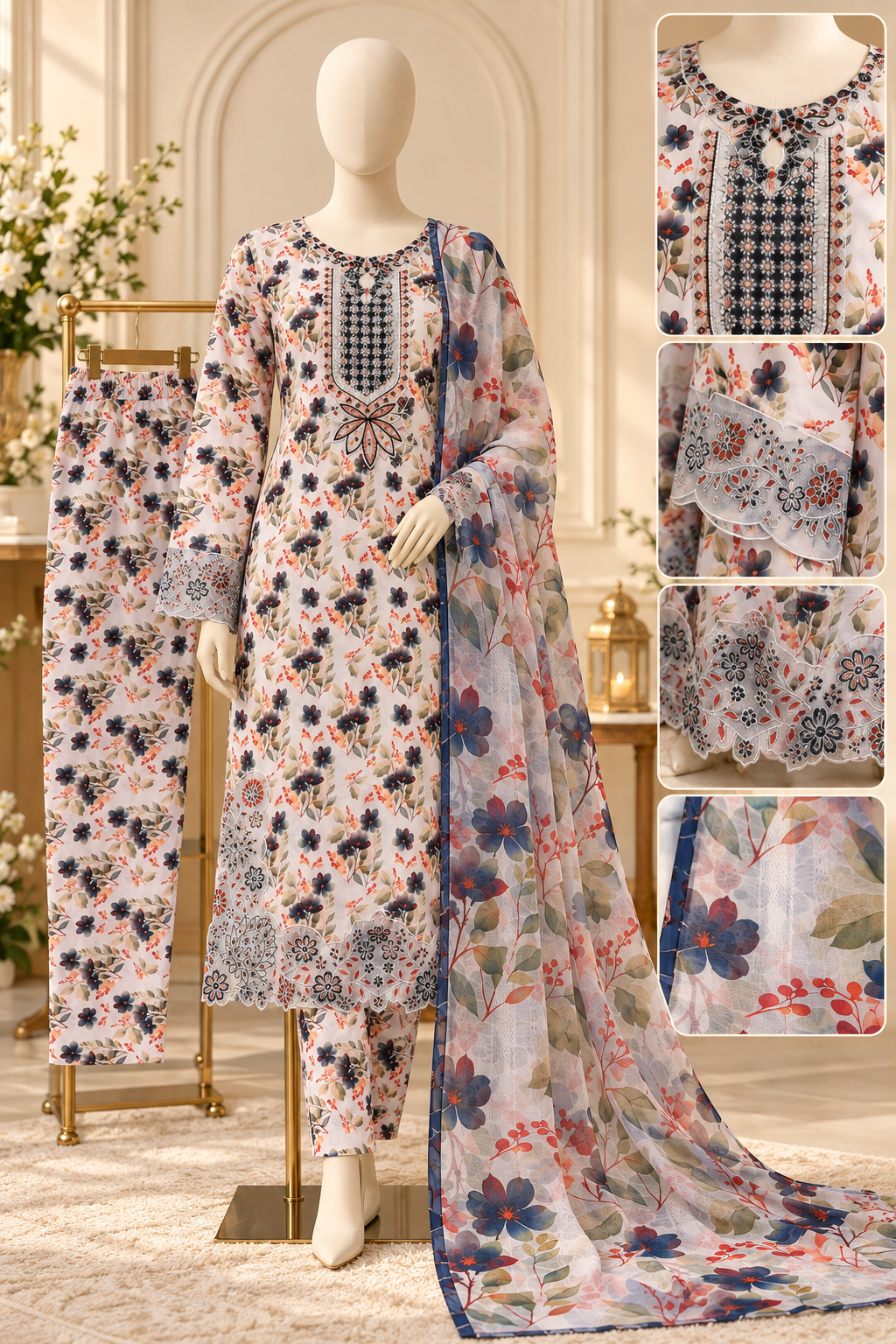 Luxury Floral Embroidered 3-Piece Suit with Printed Dupatta