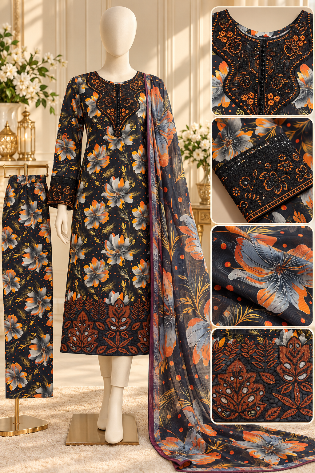 Autumn Bloom – Premium Embroidered 3-Piece Suit