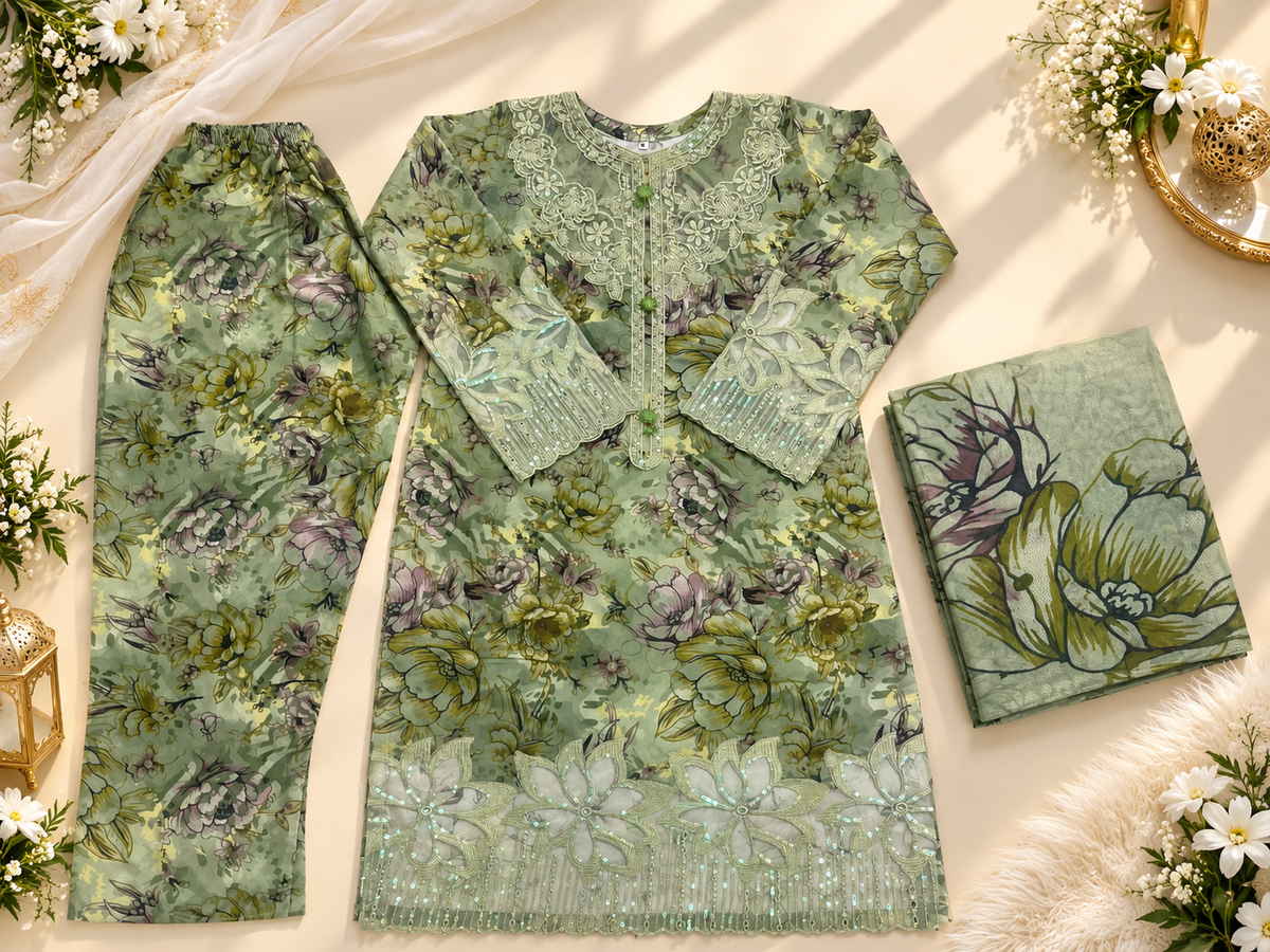 Traditional Sage Floral Embroidered Kurti with Trouser and Dupatta