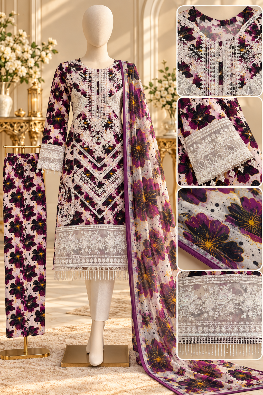 Midnight Bloom | Premium Embroidered 3-Piece Card Dry Suit