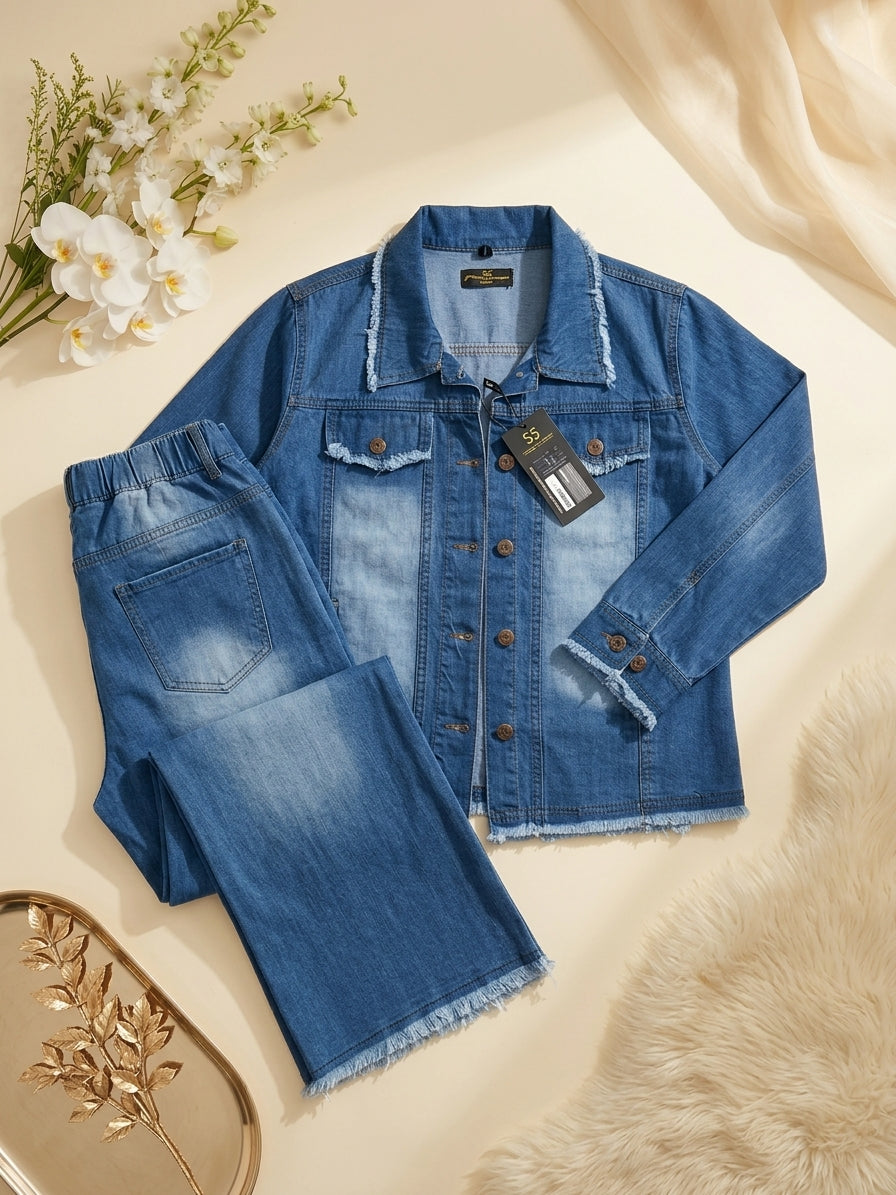 Classic Blue Frayed Hem Denim Jacket & Wide-Leg Trouser Set