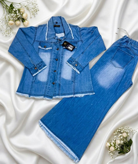 Classic Blue Frayed Hem Denim Jacket & Wide-Leg Trouser Set