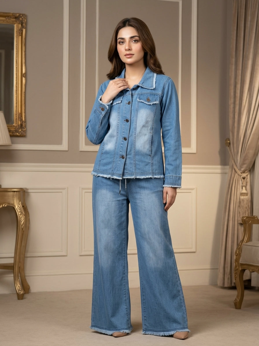 Classic Blue Frayed Hem Denim Jacket & Wide-Leg Trouser Set