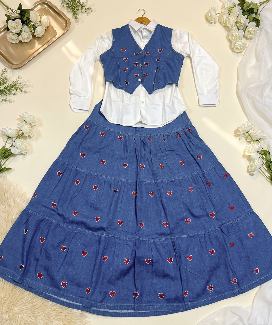 Embroidered Heart Denim Vest & Tiered Skirt Set with White Shirt