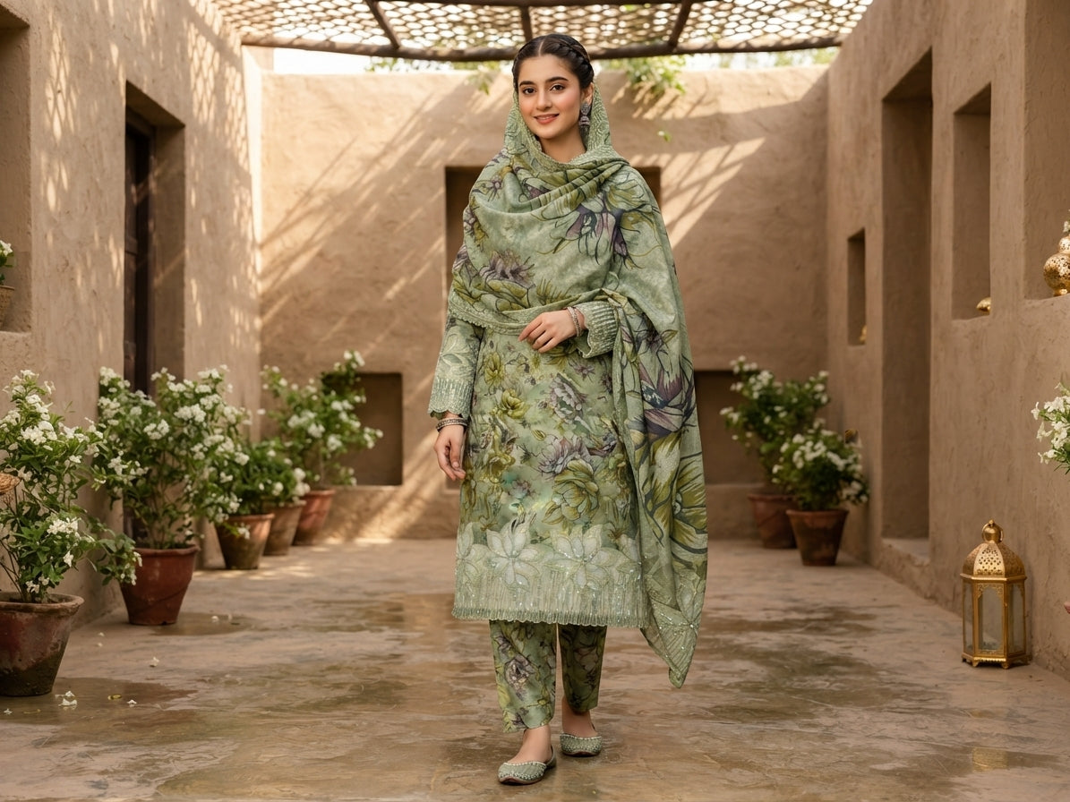 Traditional Sage Floral Embroidered Kurti with Trouser and Dupatta