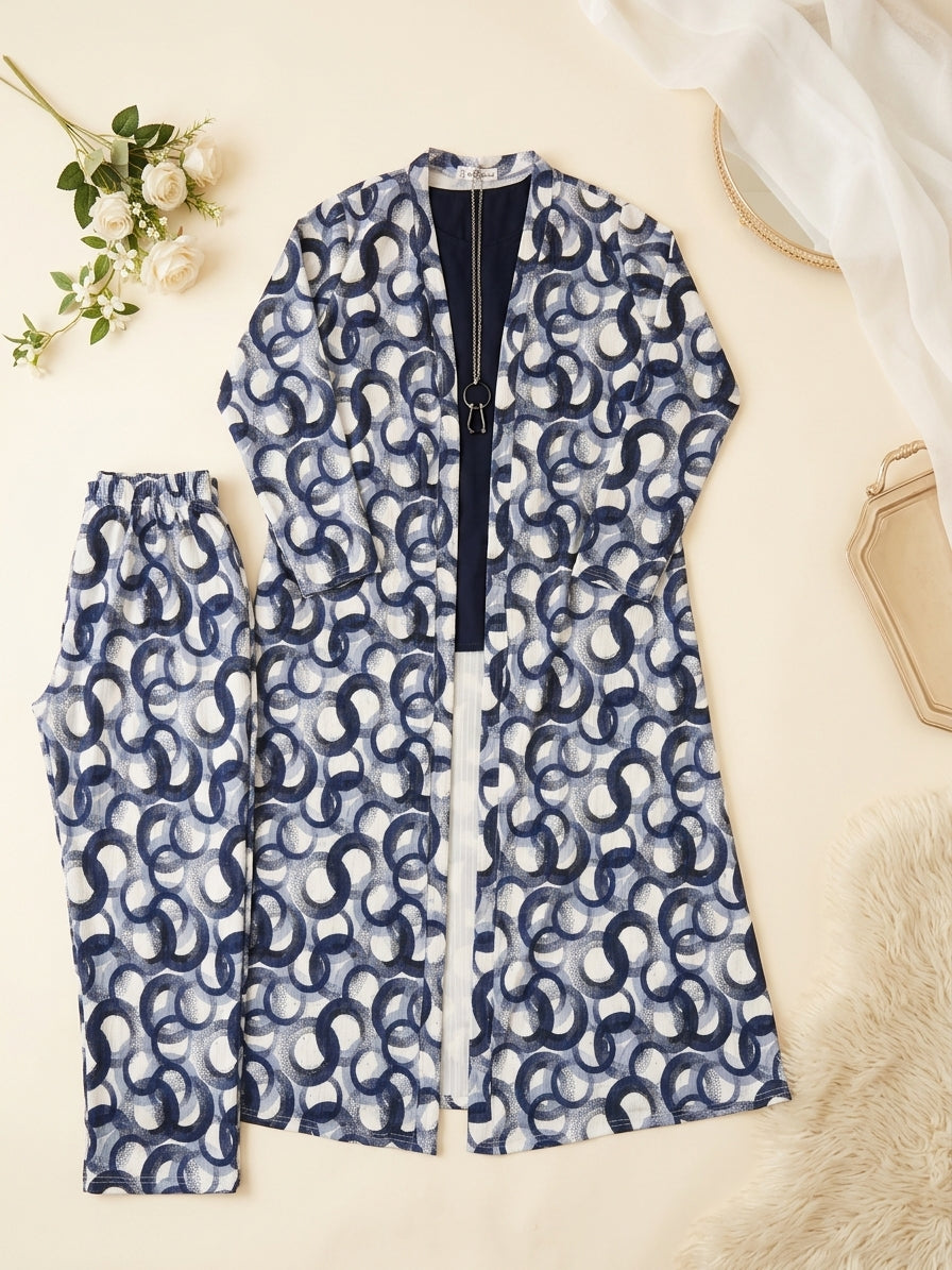 Modern Blue & White Patterned Long Jacket Style Kurta Set