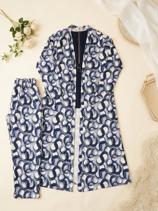 Modern Blue & White Patterned Long Jacket Style Kurta Set