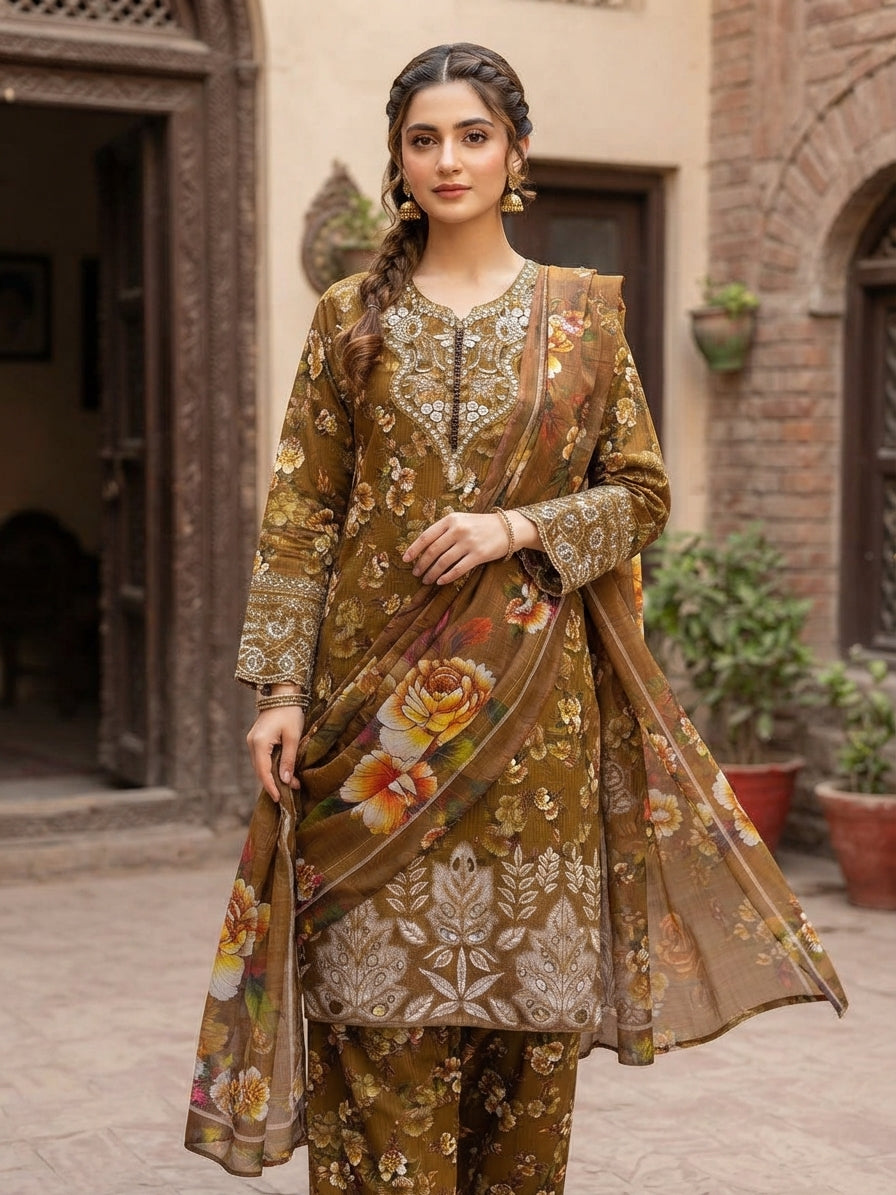 Autumn Bloom – Premium Embroidered 3-Piece Suit