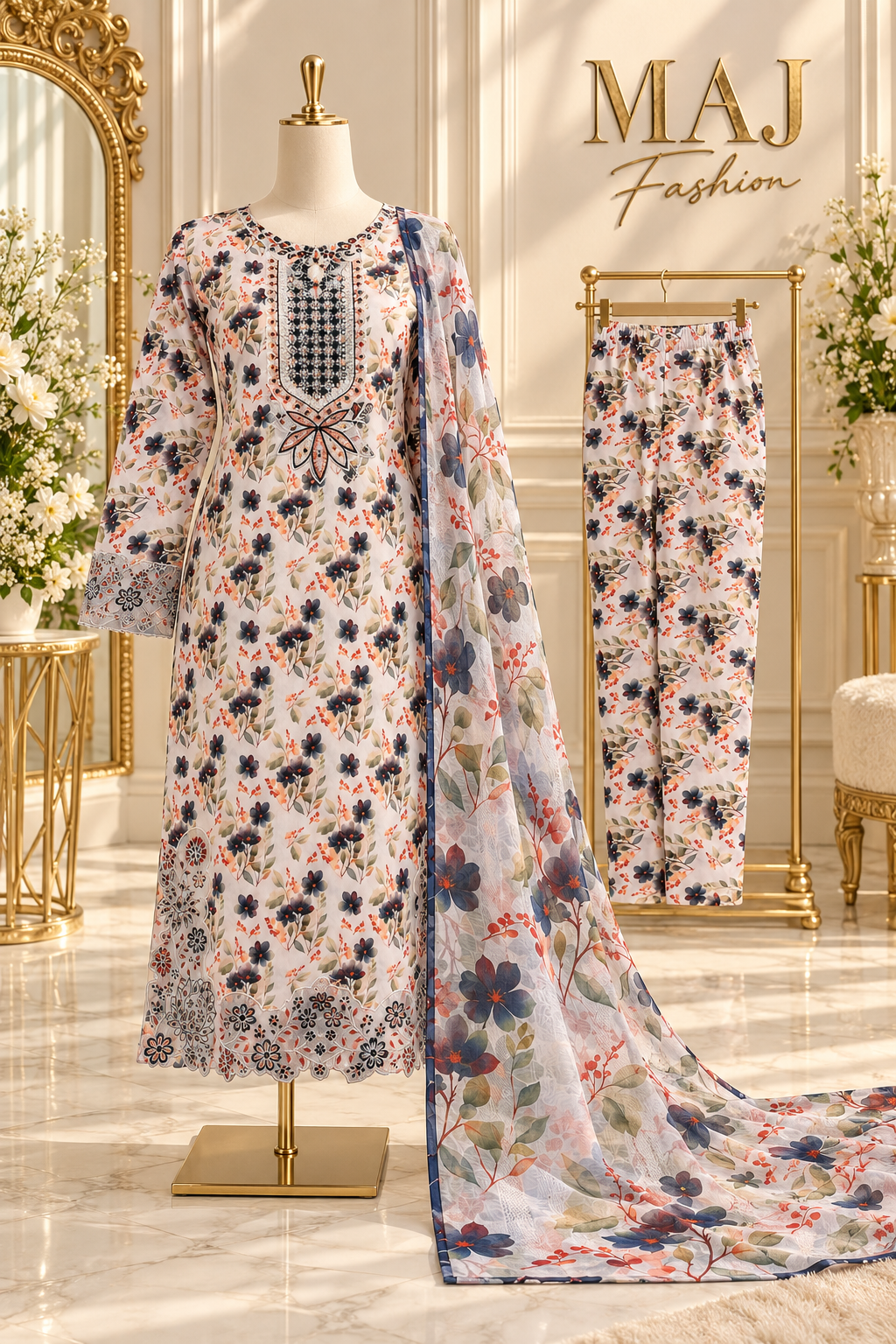 Luxury Floral Embroidered 3-Piece Suit with Printed Dupatta