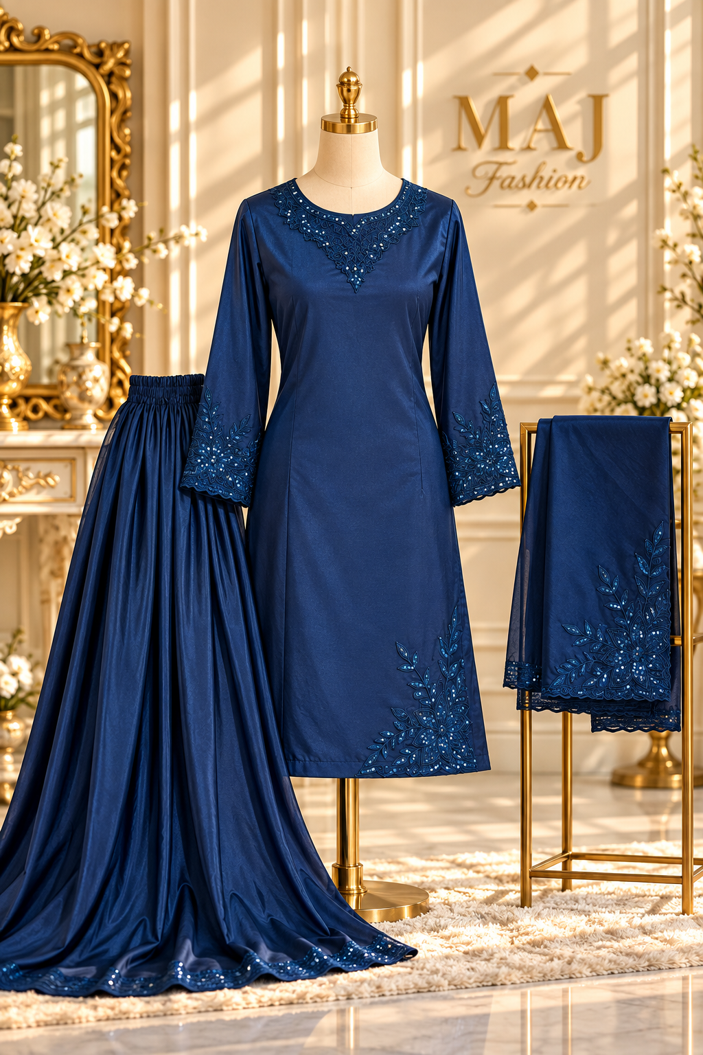 A Royal Maroon Embroidered 3-Piece Super Katan Suit