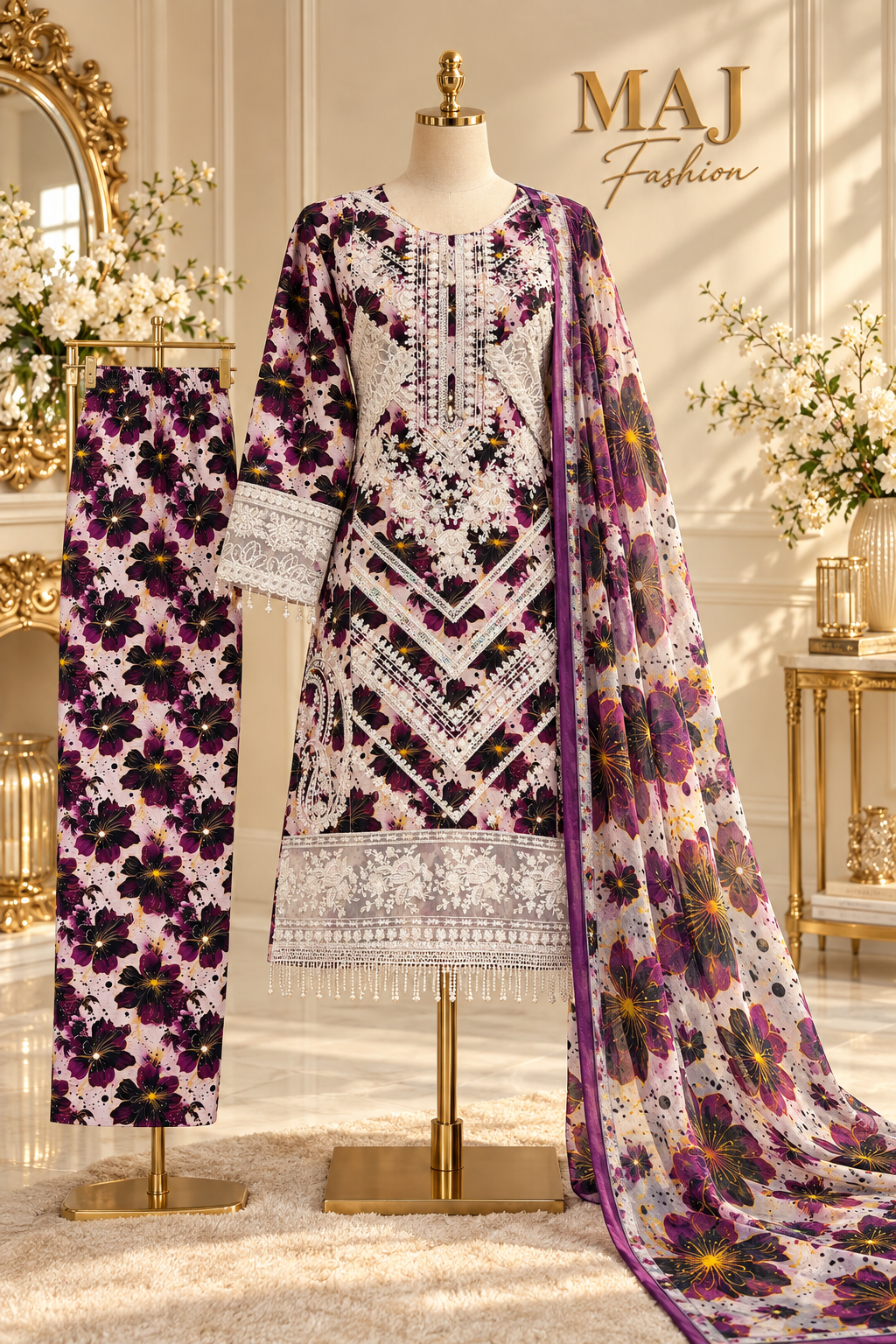 Royal Plum Floral Embroidered 3-Piece Card Dry Suit