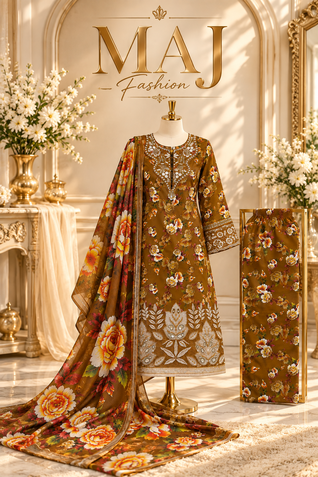 Autumn Bloom – Premium Embroidered 3-Piece Suit