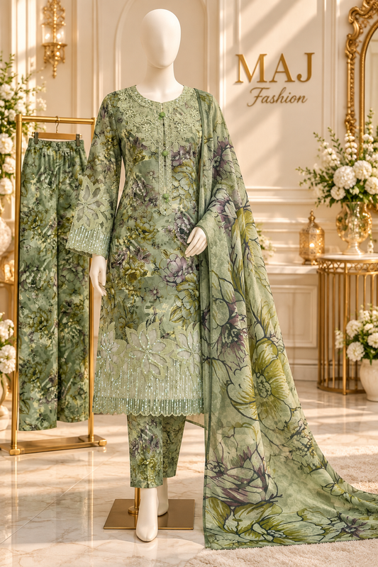 Traditional Sage Floral Embroidered Kurti with Trouser and Dupatta