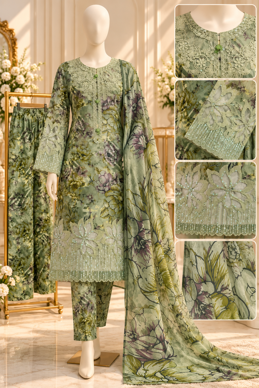 Traditional Sage Floral Embroidered Kurti with Trouser and Dupatta